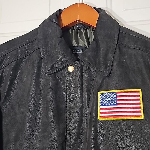 Burks Bay Black Leather Bomber Jacket with American Flag Patch Size Large - Picture 7 of 14